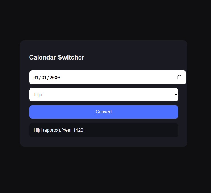 Calendar Converter interface showing alternate calendar date results