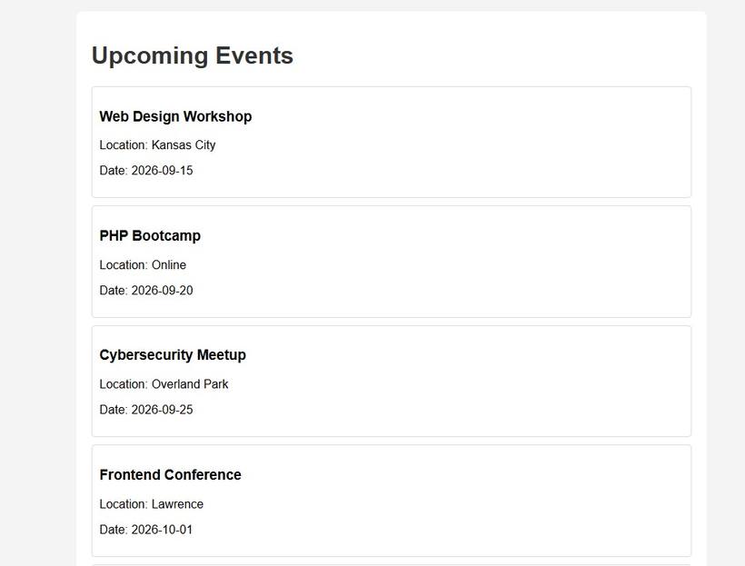 PHP Event Registration System showing a list of upcoming events with location and date
