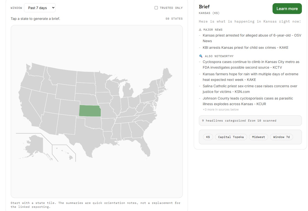 Statewide News Map showing an interactive tile grid of all 50 US states with a news brief panel